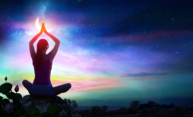 Woman,Doing,Yoga,With,Lotus,Flowers,And,Chakra,Gradient,Colors Woman,Doing,Yoga,With,Lotus,Flowers,And,Chakra,Gradient,Colors